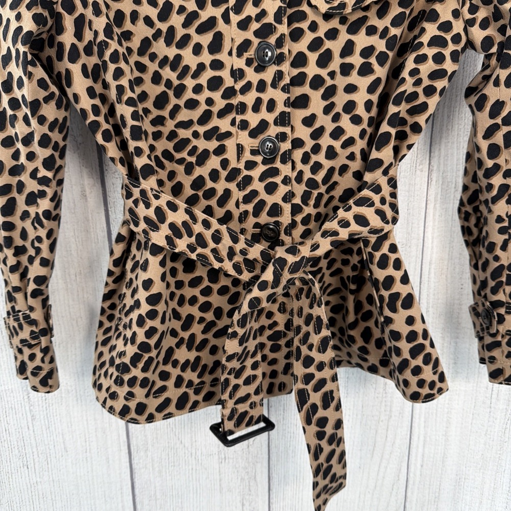 Ann Taylor Jacket Womens 6 Black Tan Cheetah Leopard Animal Print Belted Coat - Picture 12 of 14